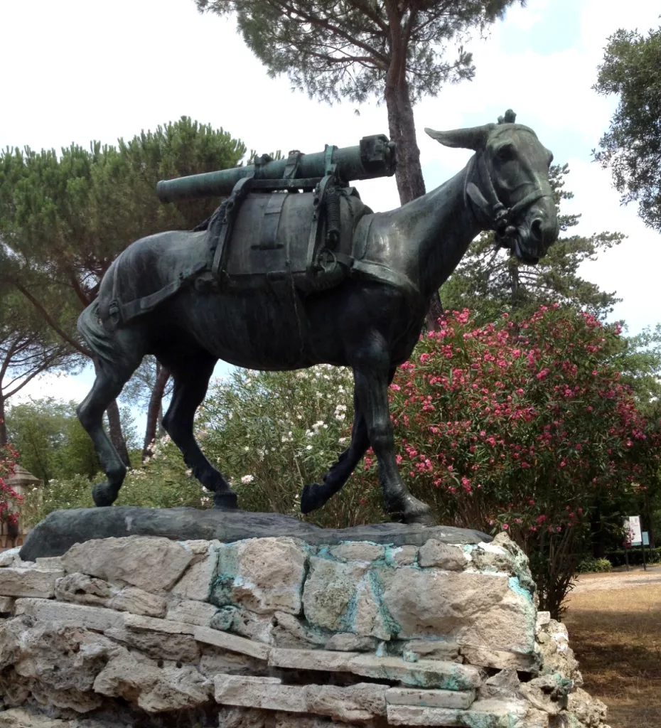 Mulo scudela o mulo scodela. Foto della statua in onore dei muli Alpini.